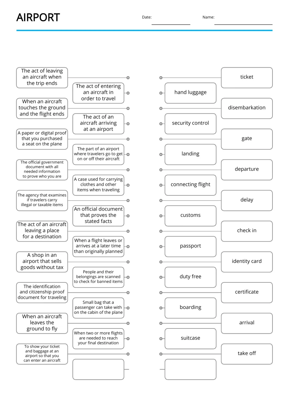 Airport vocabulary: students match 19 travel definitions to terms like boarding, customs, passport and gate