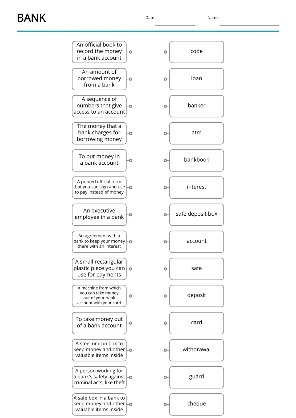 Bank vocabulary: students match 14 money definitions to words like loan, interest, deposit and cheque