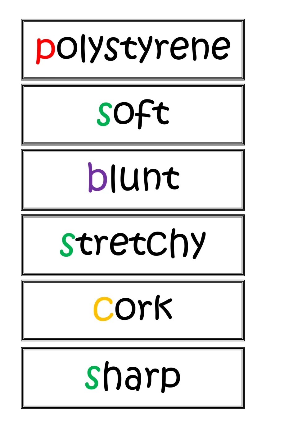 Word cards to cut out and sort as material or property: polystyrene, soft, blunt, stretchy, cork and sharp