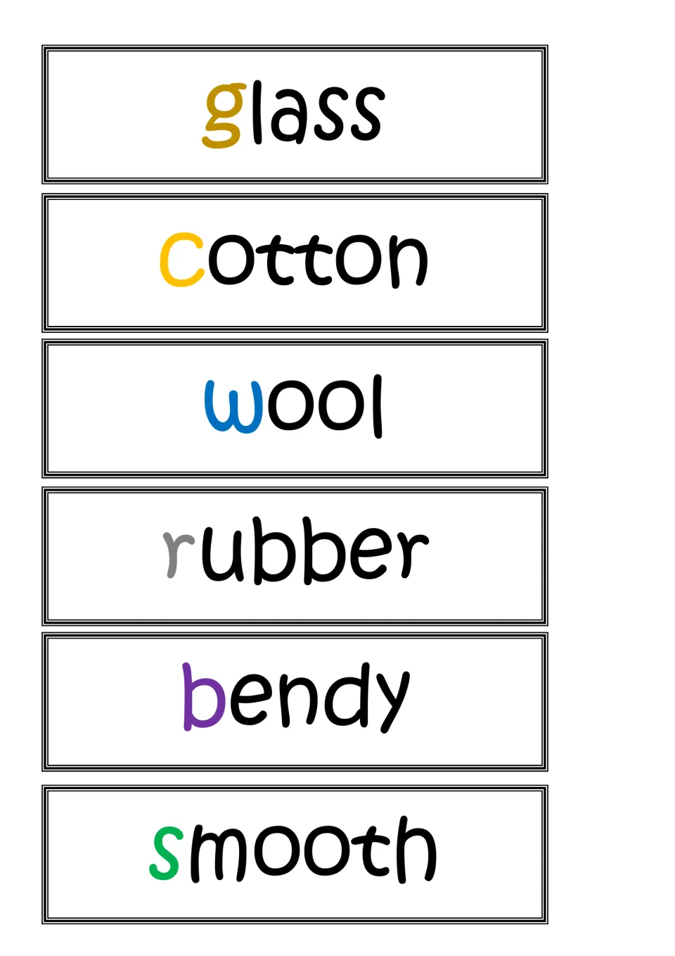 Materials word cards for sorting: glass, cotton, wool and rubber, plus the property words bendy and smooth