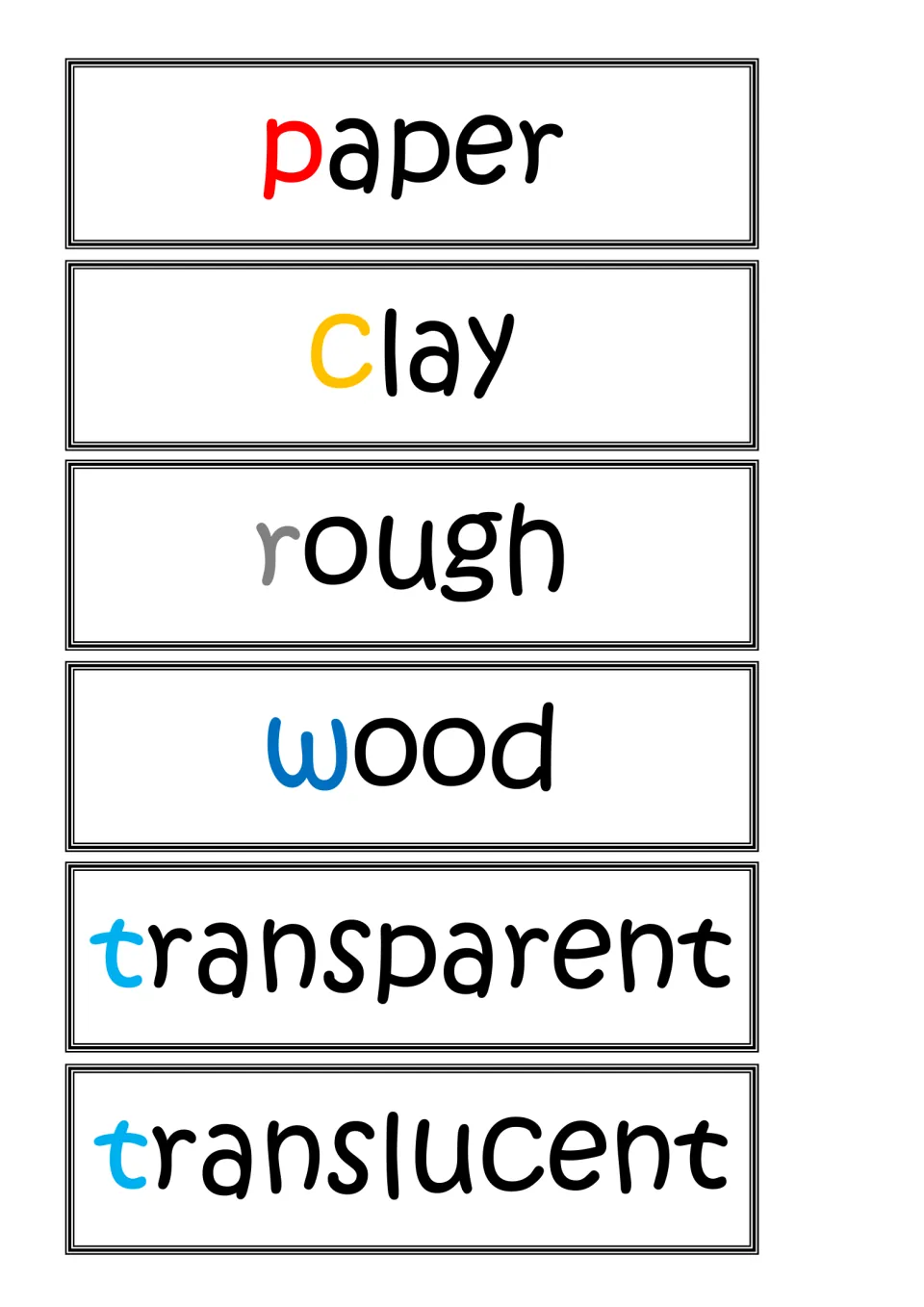 Sorting cards for materials vocabulary: paper, clay, rough, wood, transparent and translucent