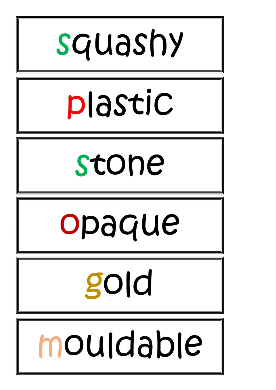Material and property word cards to classify: squashy, plastic, stone, opaque, gold and mouldable
