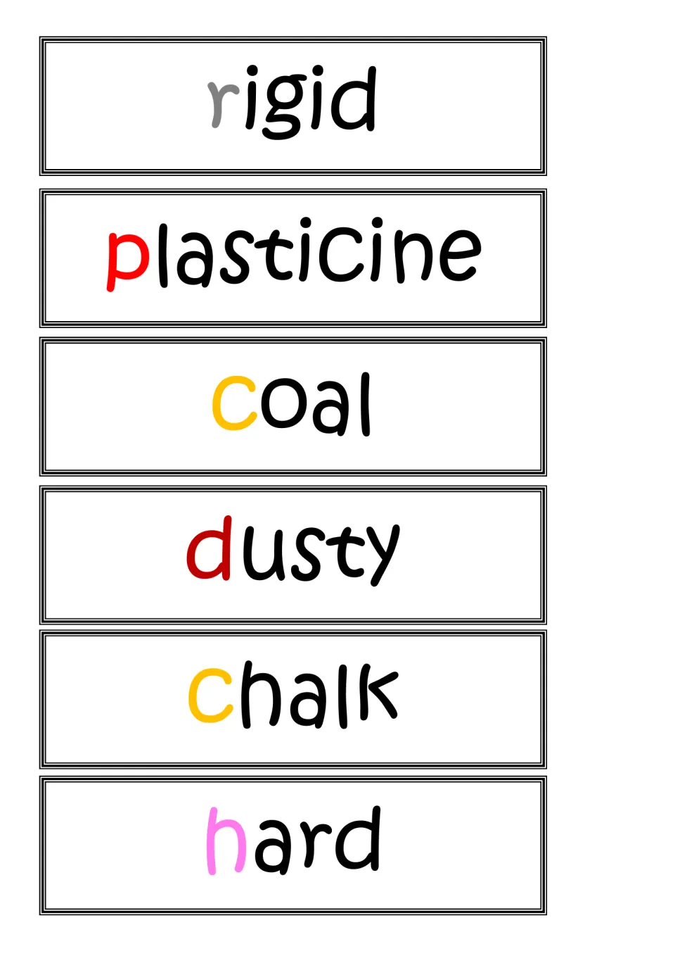 Final vocabulary cards for the materials sort: rigid, plasticine, coal, dusty, chalk and hard