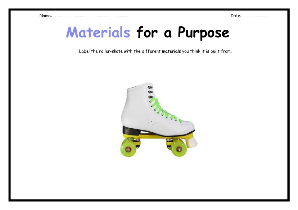 Roller-skate materials: students label a photo of a white lace-up skate with the materials they think its parts use