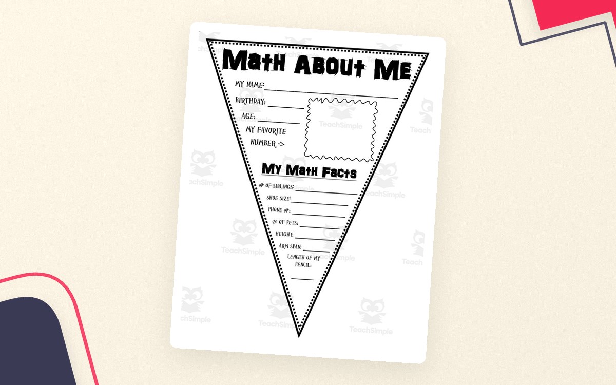 Math About Me Pennant preview: One-page triangular Math About Me pennant with a name line