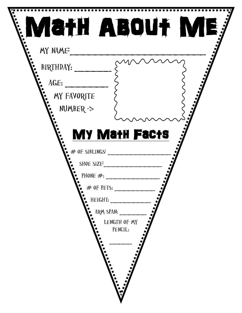 Math About Me pennant: students record name, age, favorite number, shoe size, height, arm span and other personal math facts