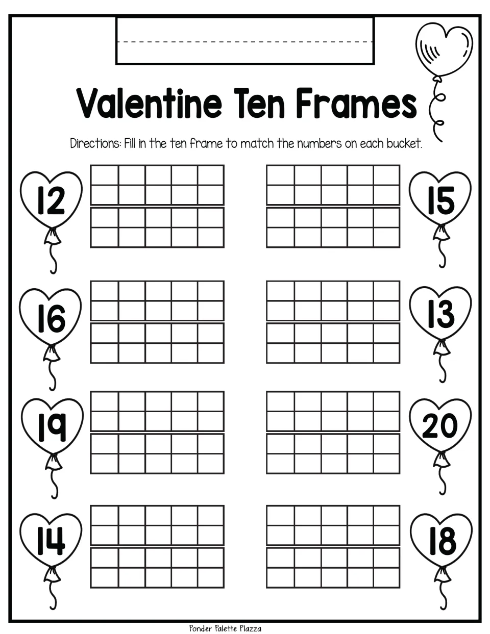 Ten-frame practice: represent 12, 15, 16, 13, 19, 20, 14, and 18 in eight number-matching problems.