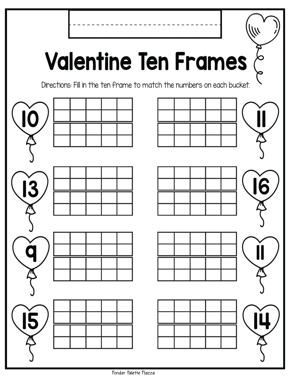 Ten-frame practice: represent 10, 11, 13, 16, 9, 11, 15, and 14 in eight number-matching problems.
