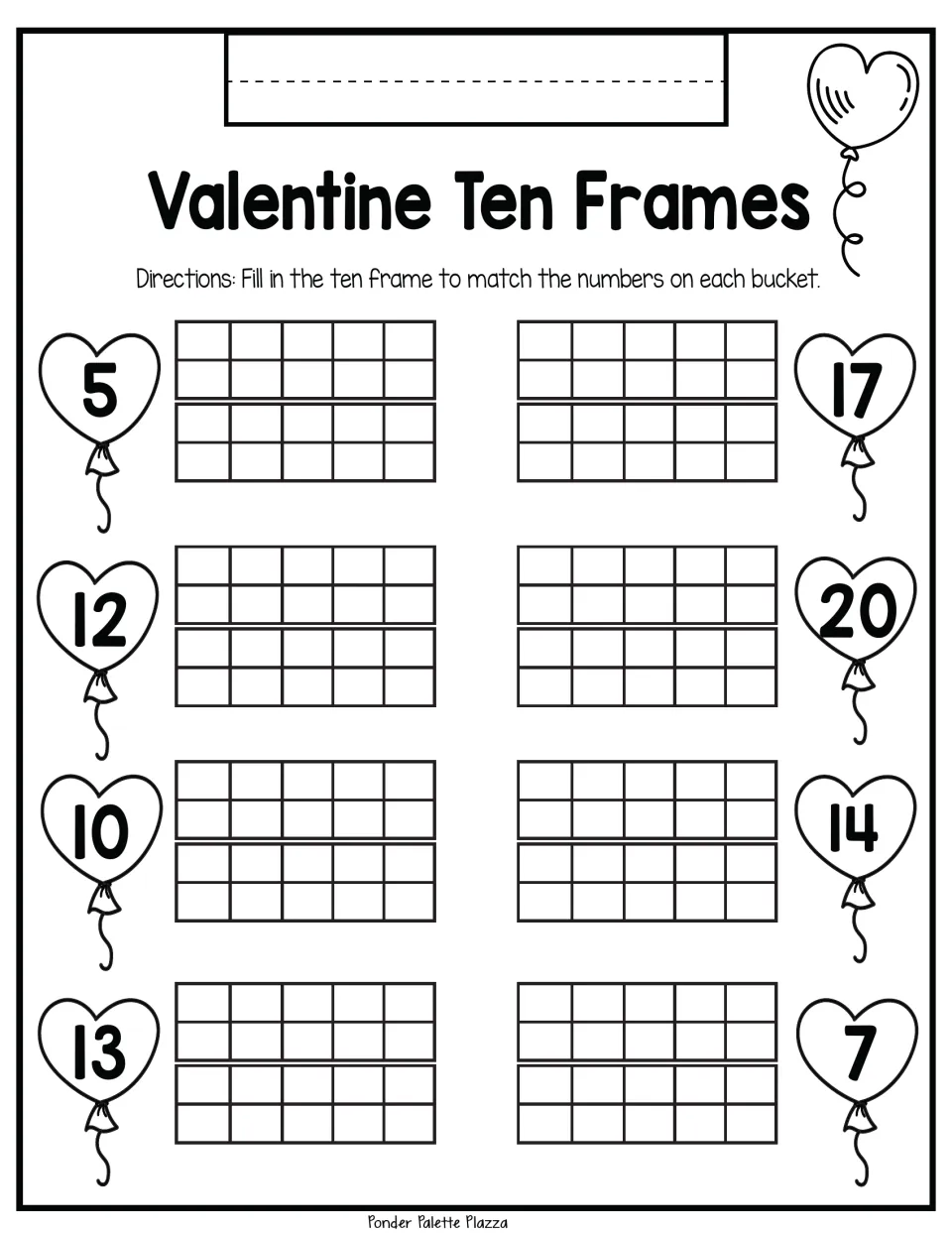 Ten-frame practice: represent 5, 17, 12, 20, 10, 14, 13, and 7 in eight number-matching problems.