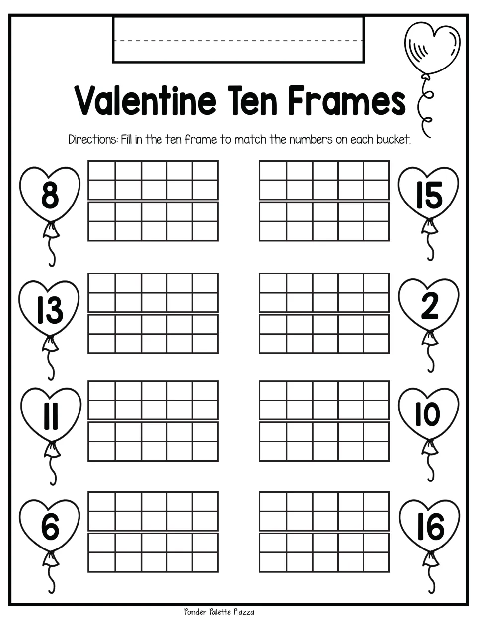 Ten-frame practice: represent 8, 15, 13, 2, 11, 10, 6, and 16 in eight number-matching problems.