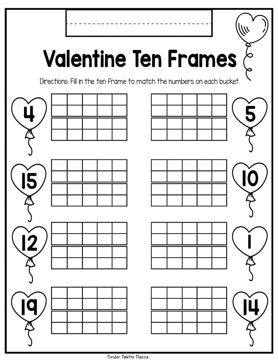Ten-frame practice: represent 4, 5, 15, 10, 12, 1, 19, and 14 in eight number-matching problems.