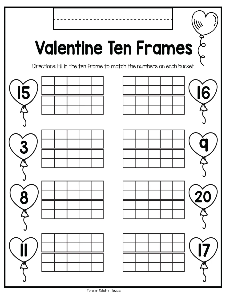 Ten-frame practice: represent 15, 16, 3, 9, 8, 20, 11, and 17 in eight number-matching problems.