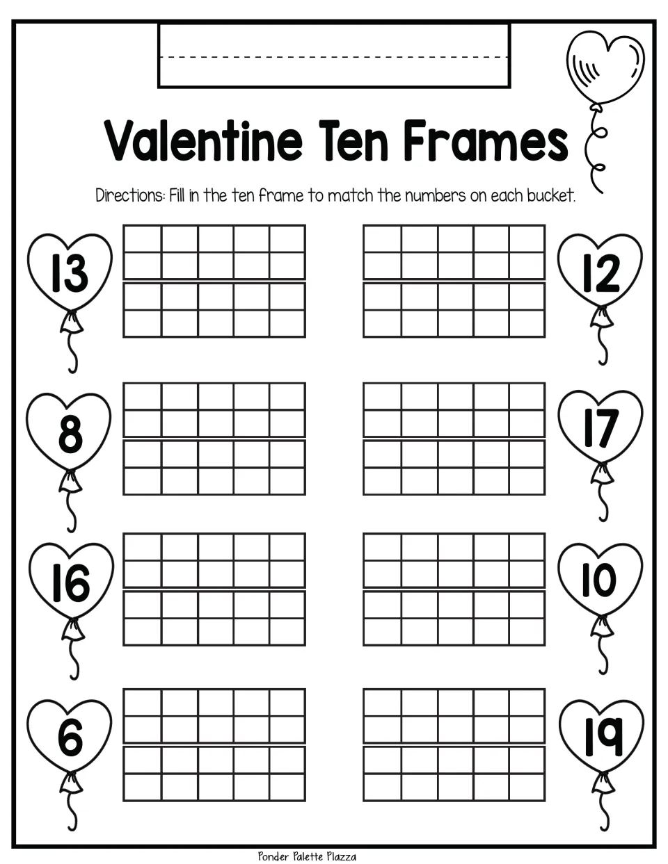 Ten-frame practice: represent 13, 12, 8, 17, 16, 10, 6, and 19 in eight number-matching problems.