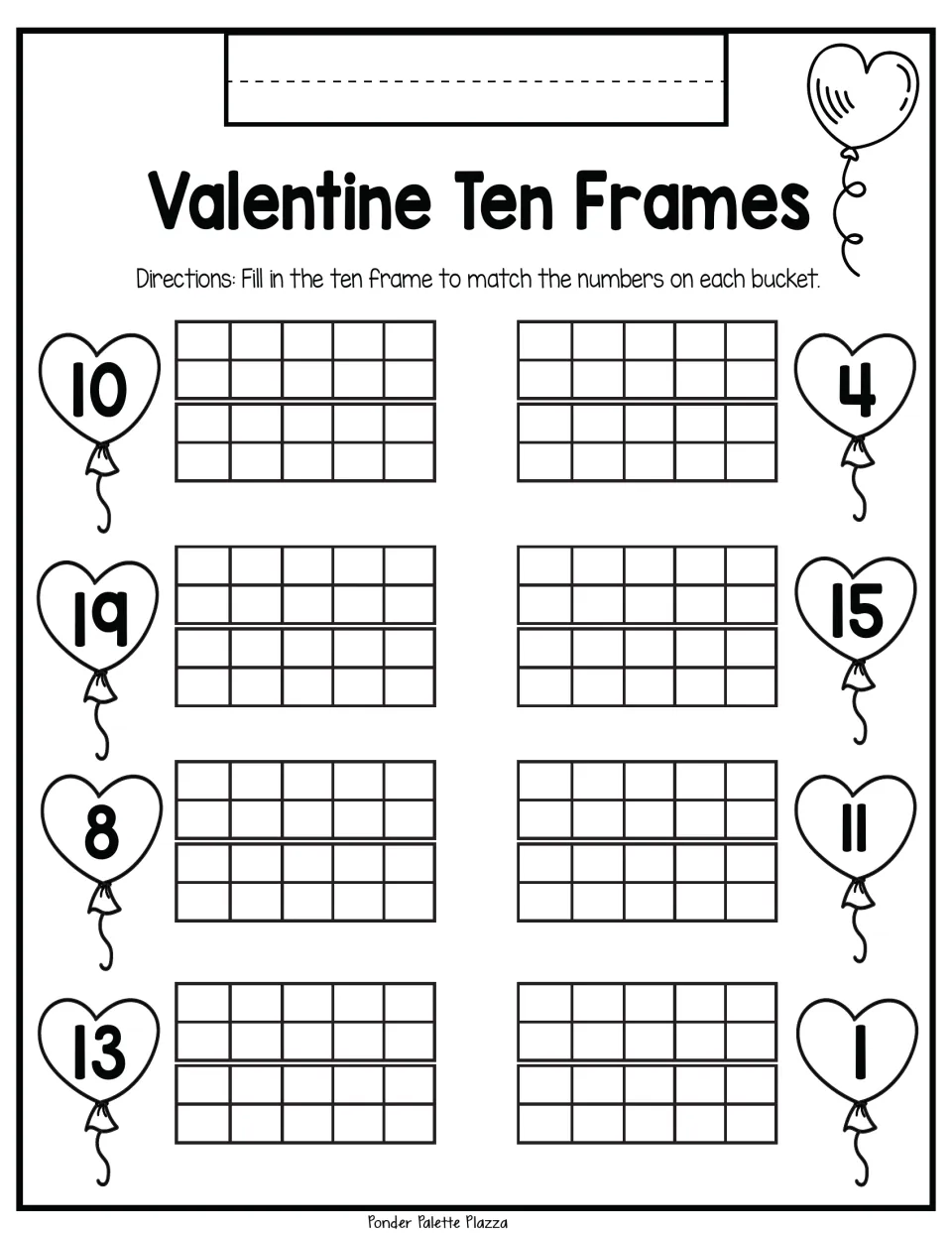 Ten-frame practice: represent 10, 4, 19, 15, 8, 11, 13, and 1 in eight number-matching problems.