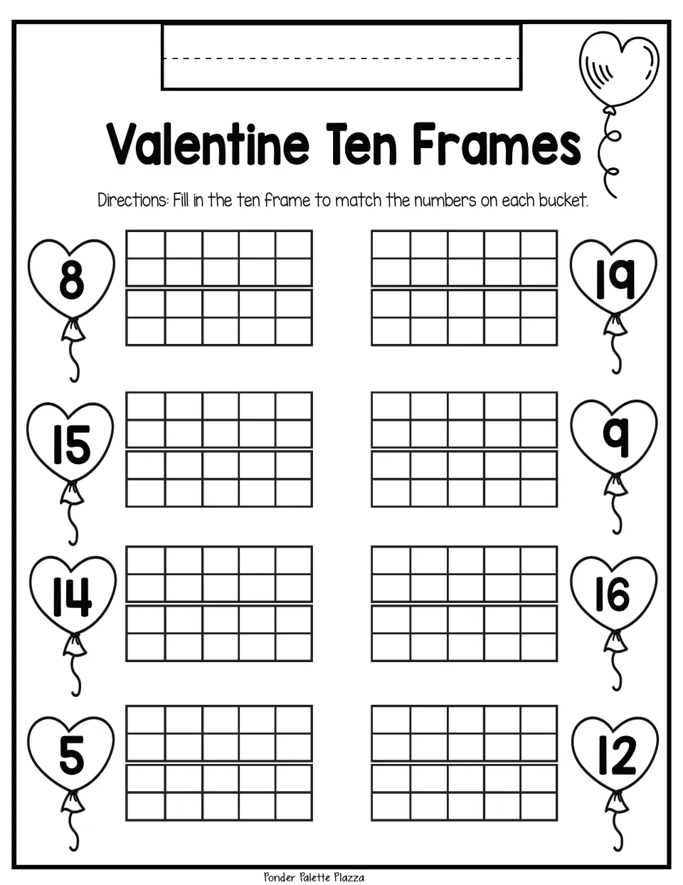 Ten-frame practice: represent 8, 19, 15, 9, 14, 16, 5, and 12 in eight number-matching problems.