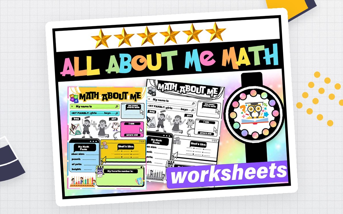 All About Me Math cover with several colorful student-interest and number-profile worksheets