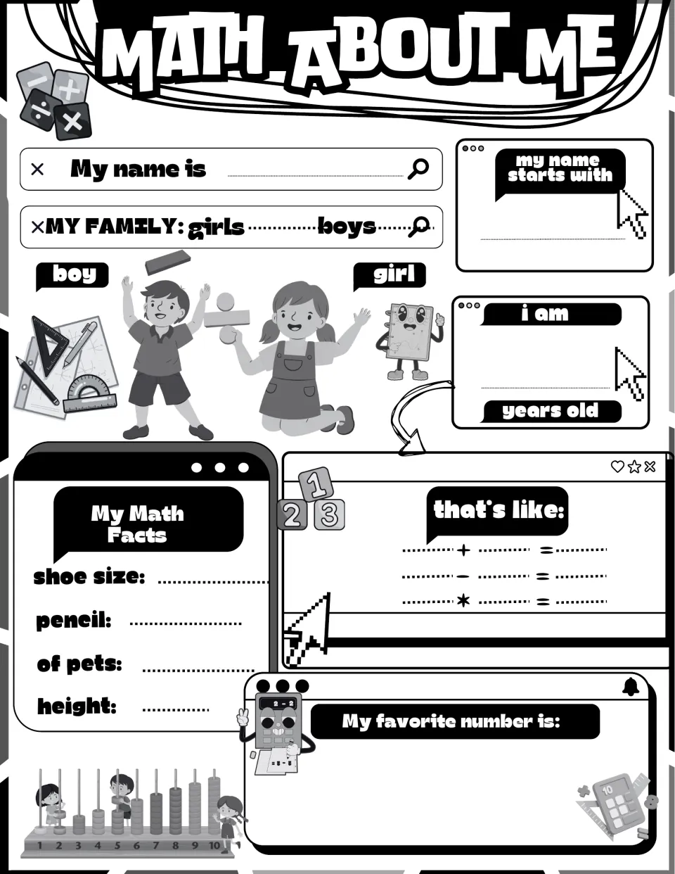 Math About Me, black-and-white version: students record their age, family count, shoe size and pets, then write equations