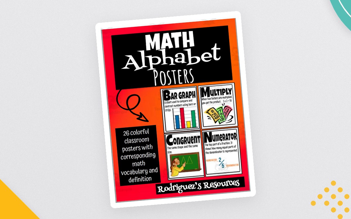 Red-and-black Math Alphabet Posters cover with definition-card previews for bar graph, multiply, congruent, and numerator.