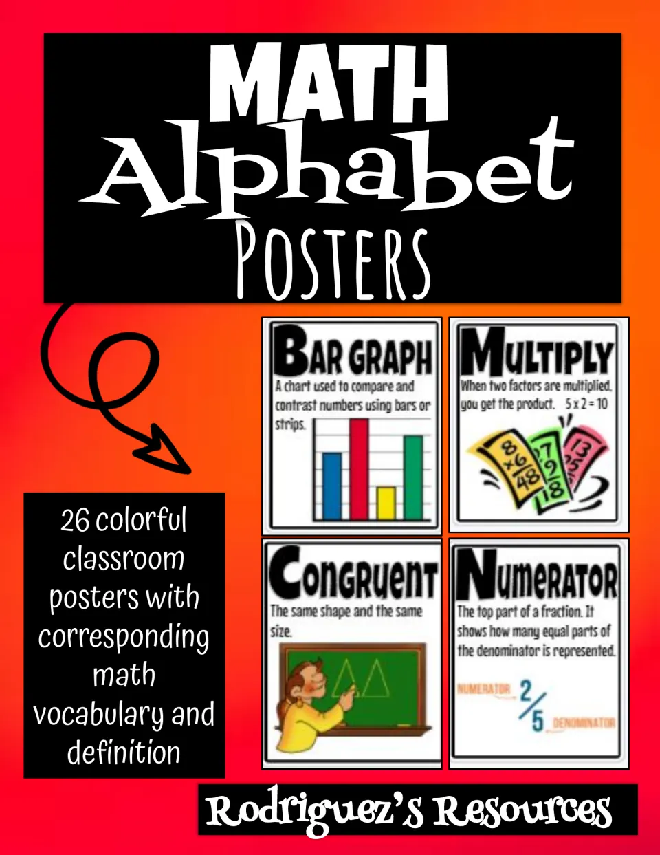 Cover: 26 math vocabulary posters with definitions, previewing Bar Graph, Multiply, Congruent and Numerator examples