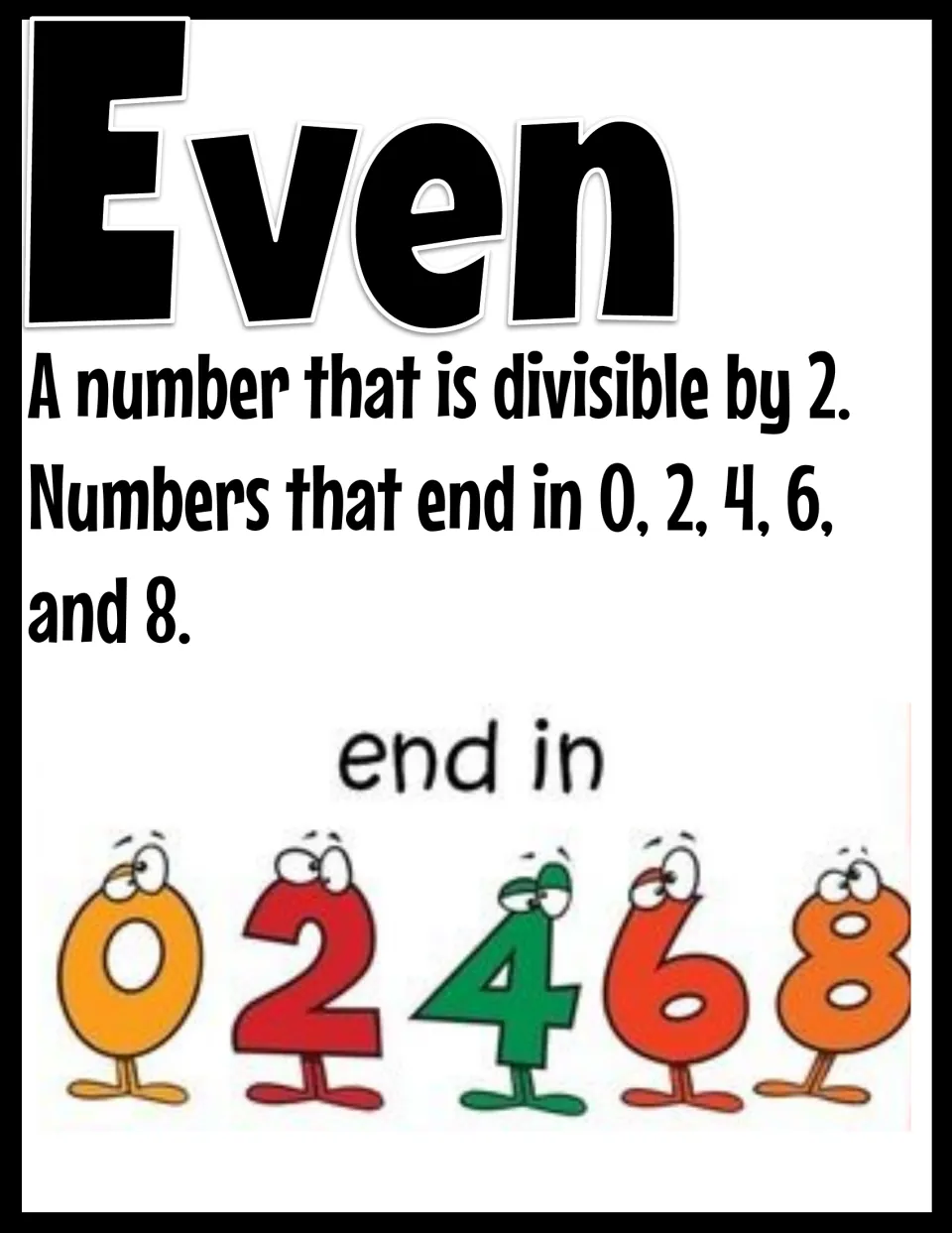 Even poster (E): numbers divisible by 2 that end in 0, 2, 4, 6 or 8, shown as cartoon digit characters