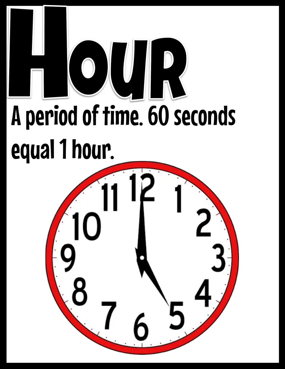 Hour poster (H): a period of time, with a clock showing 5:00; its text reads 60 seconds equal 1 hour