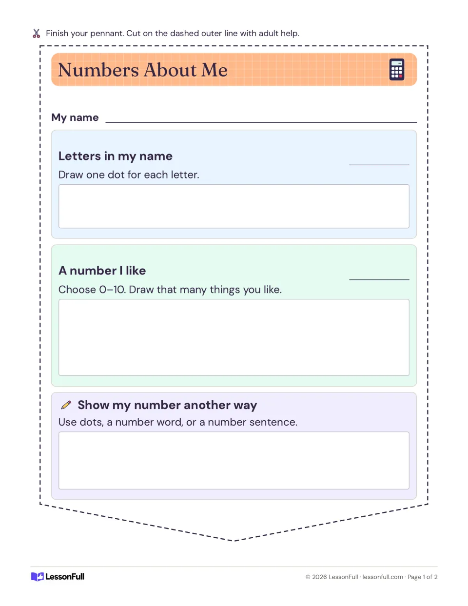 Numbers About Me pennant: students write their name, draw a dot per letter, and show a favorite number from 0 to 10