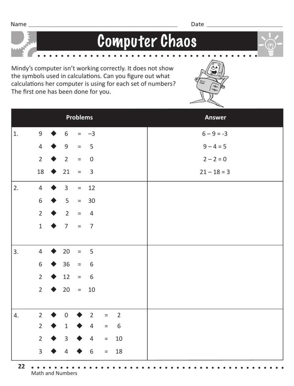 Computer Chaos: students find the hidden operation in each set of equations, with subtraction set 1 done as an example