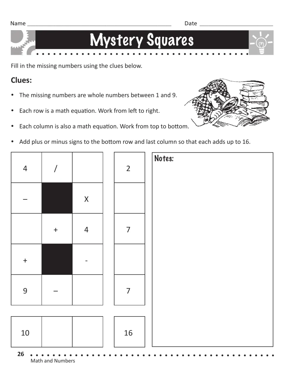 Mystery Squares: students fill missing digits in a crossword-style puzzle where each row and column is a math equation
