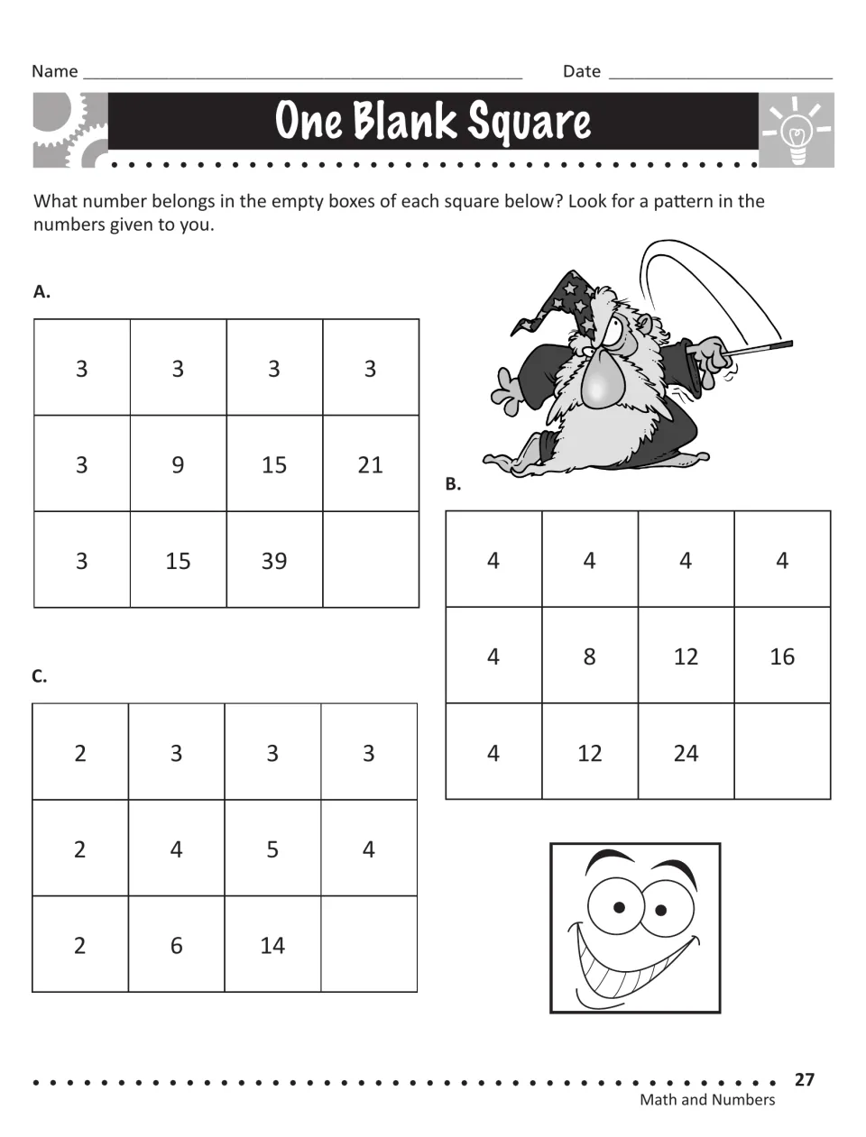 One Blank Square: students study number patterns in three squares, A to C, and find the missing number in each
