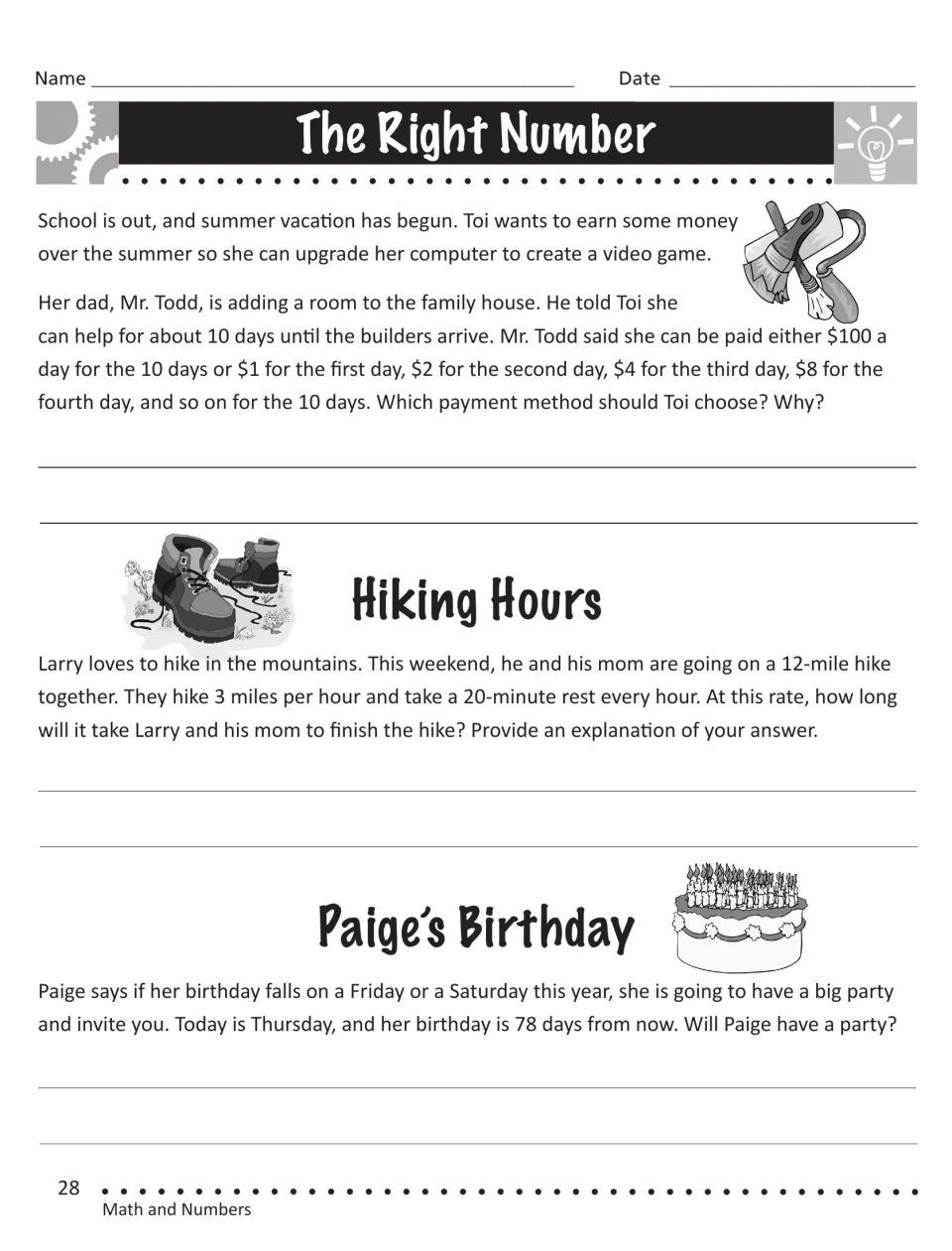 Three word problems: students compare doubling pay, time a 12-mile hike and find the weekday 78 days away