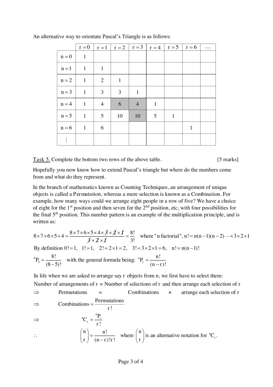 Pascal's Triangle as an n and r table: students fill two rows, then read notes on factorials, permutations and combinations