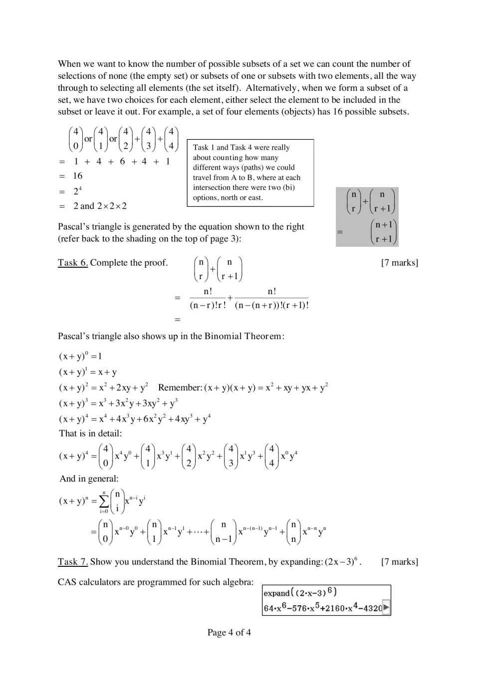 Subsets and the Binomial Theorem: students complete a proof of the Pascal identity and expand (2x - 3)^6 for Tasks 6 and 7