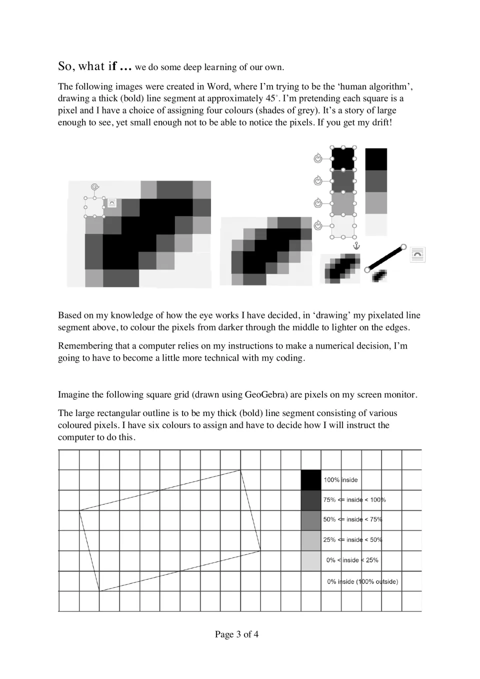 Pixelated 45° line in grey shades, then a tilted rectangle on a pixel grid with a six-shade key from 0% to 100% inside