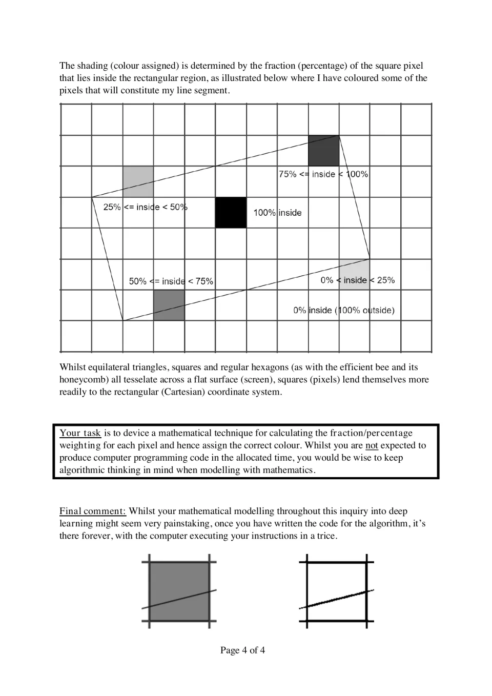 Pixel shading task: students devise a math method to find the percentage of each pixel inside a rectangle and shade it