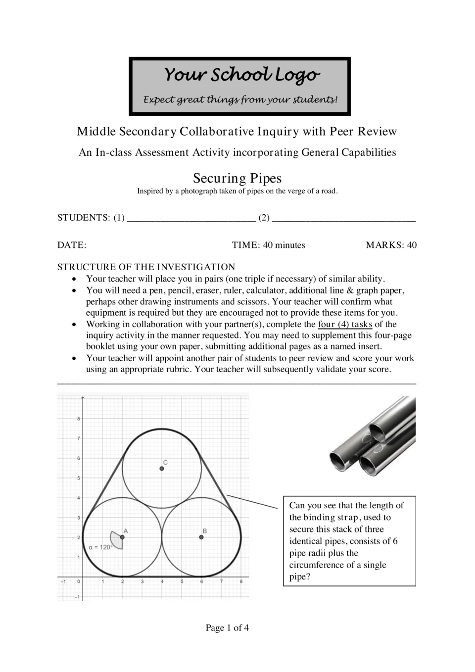 Securing Pipes intro: pair-work rules and a diagram of a strap around 3 pipes as 6 radii plus a circumference