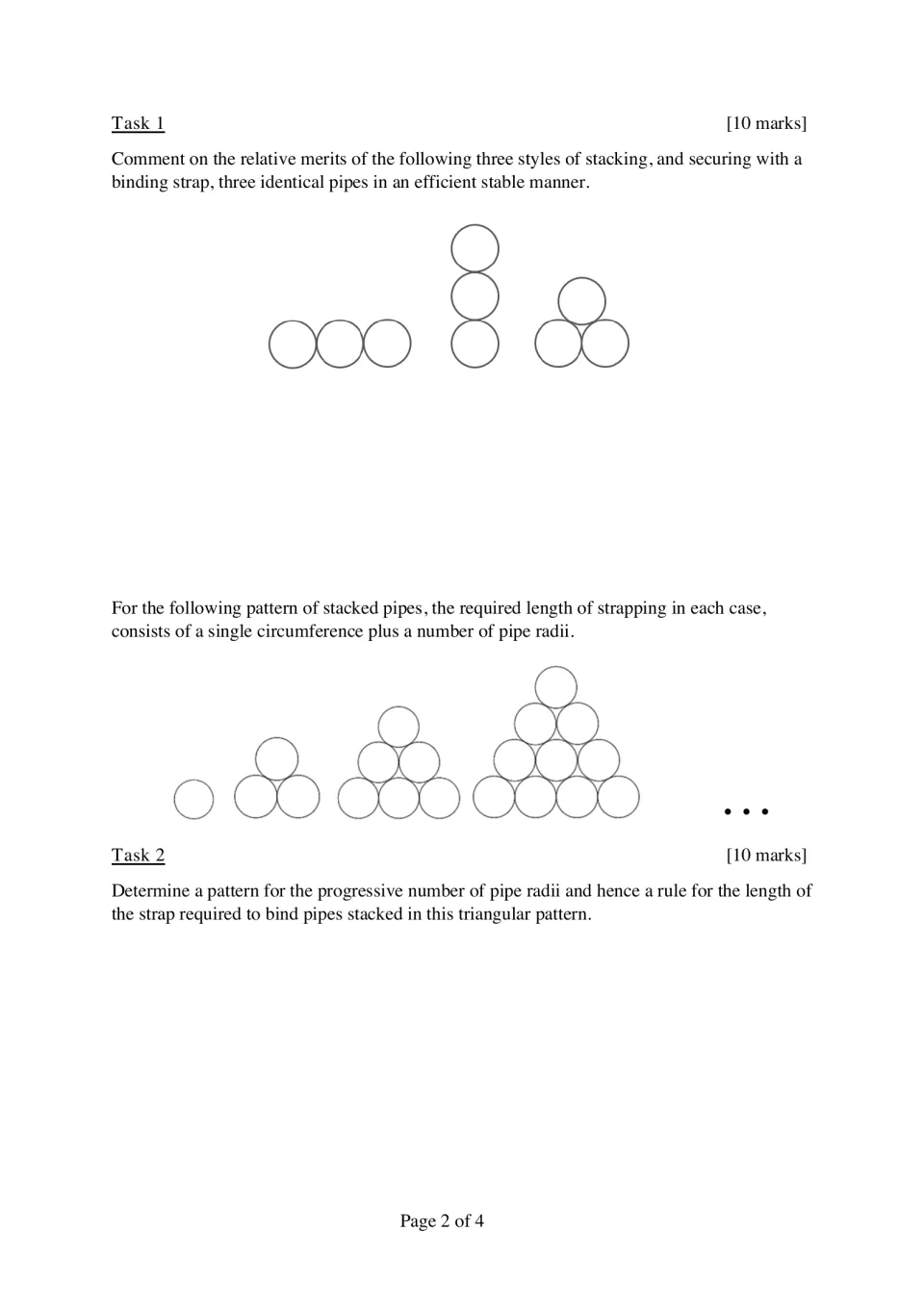 Strap length patterns: students compare 3 ways to stack 3 pipes, then find a rule for strapping triangular stacks