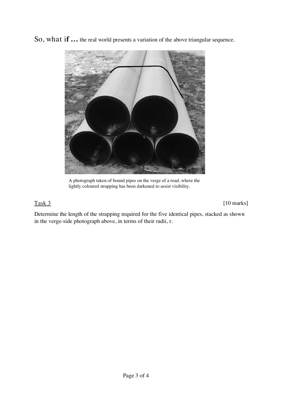 Real-world variation: students find the strap length in terms of r for 5 pipes stacked as in a roadside photo
