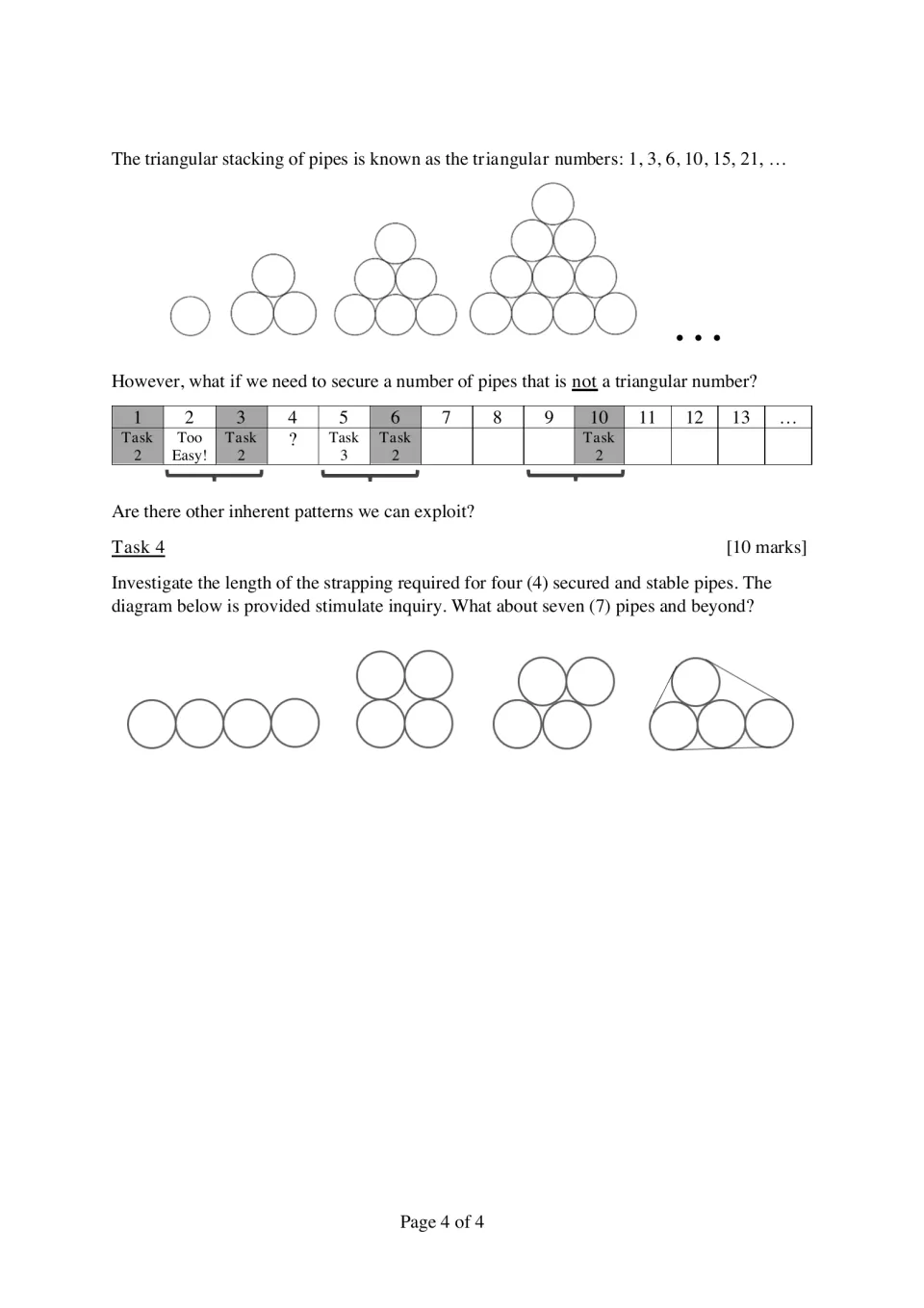 Non-triangular pipe counts: students investigate strap length for 4 pipes, then for 7 and beyond