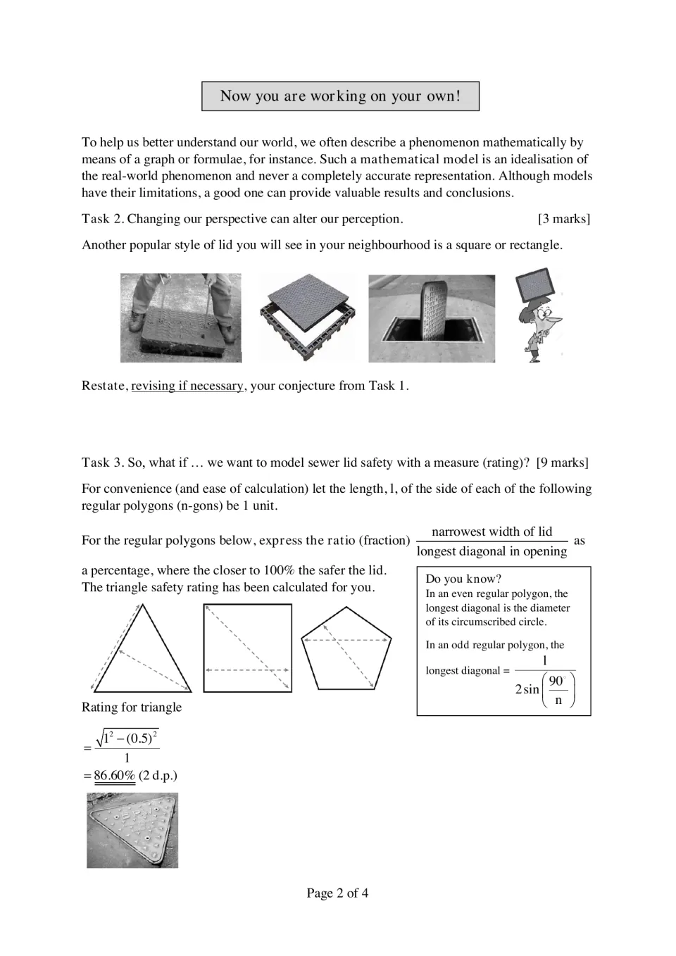 Square lid photos and safety ratings: students revise their conjecture, then rate polygon lids as percentages