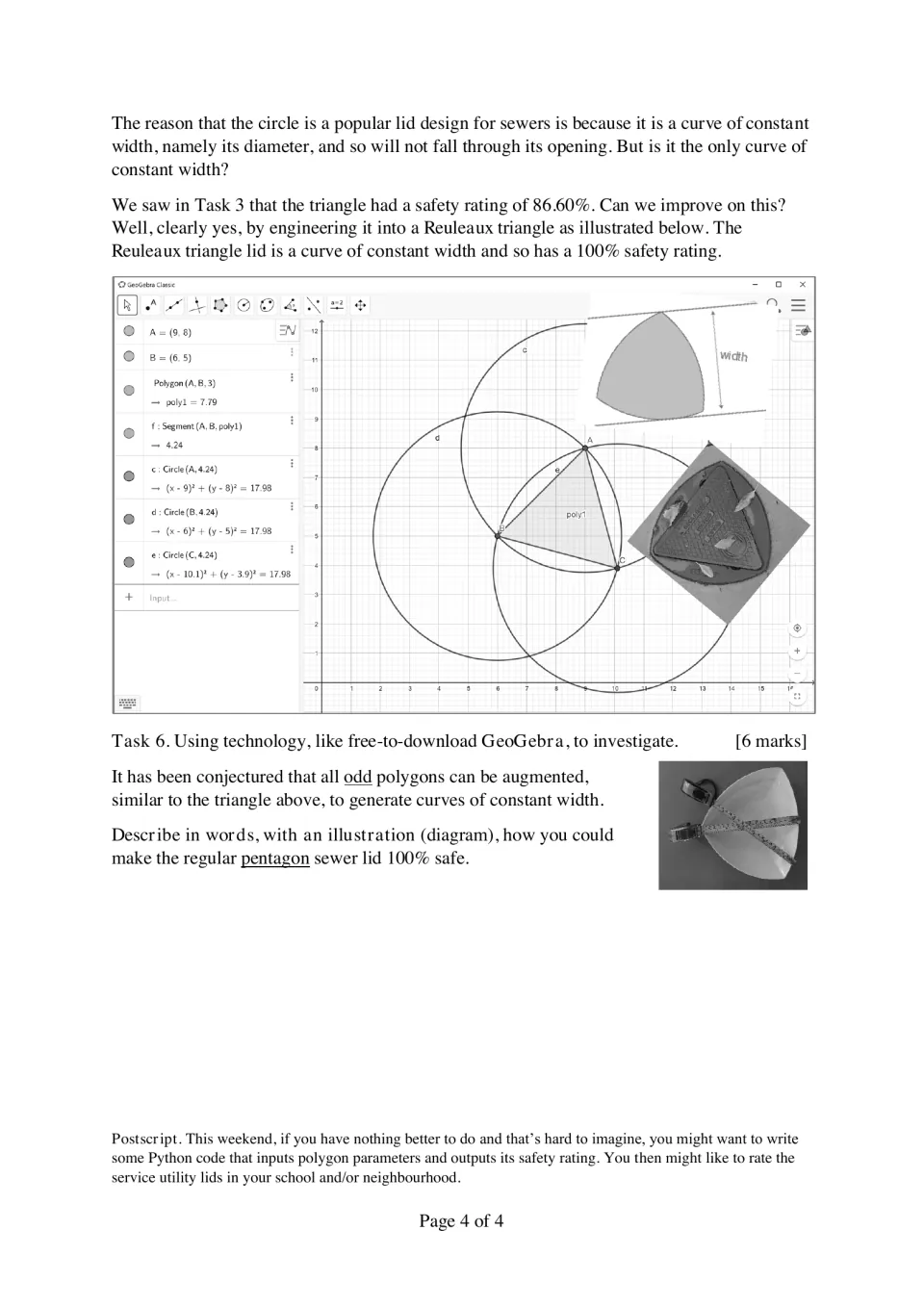 Reuleaux triangle shown in GeoGebra as a curve of constant width; Task 6 asks how to make a pentagon lid 100% safe