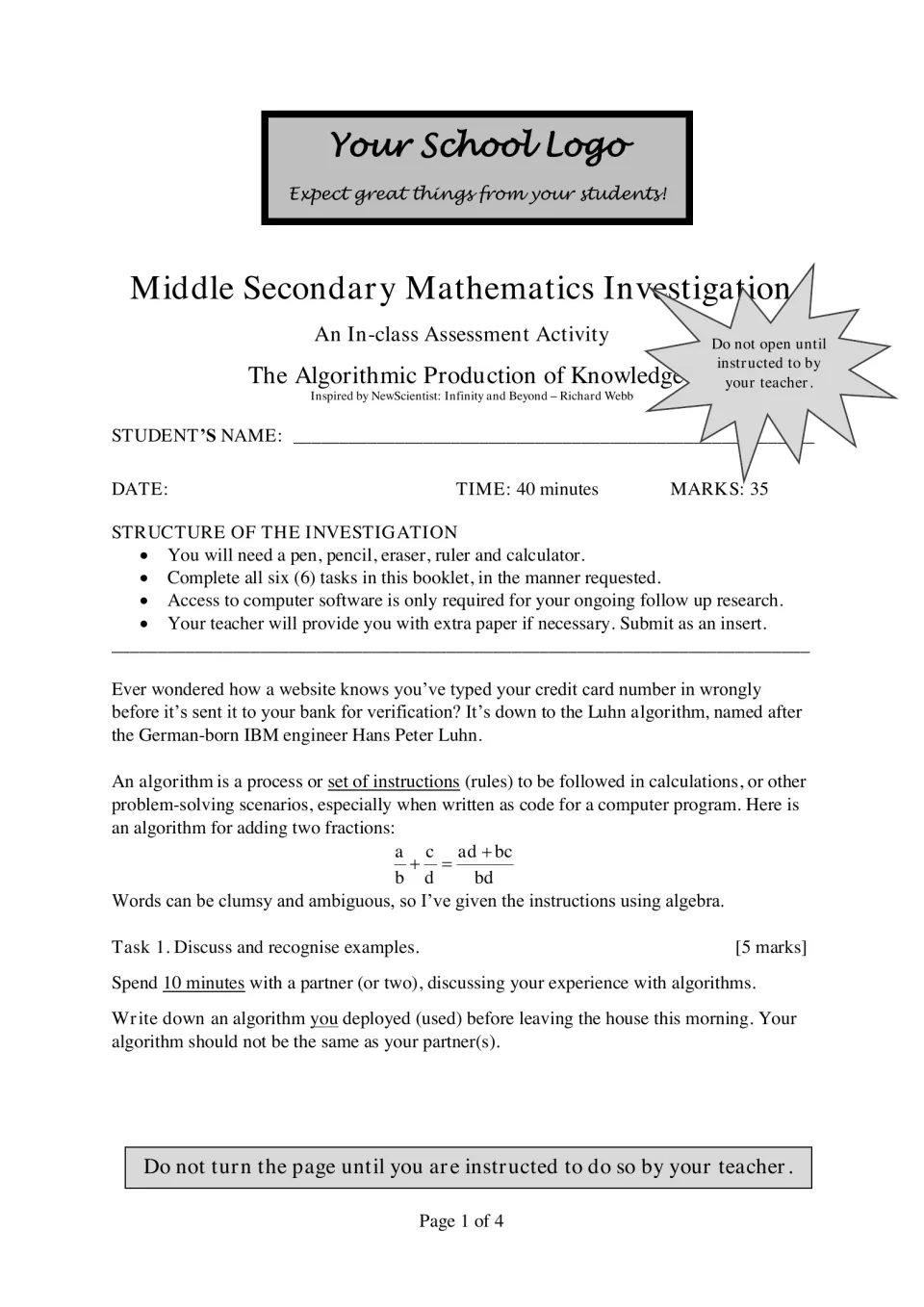 Algorithms intro: 40-minute, 35-mark test front page; Task 1 has students discuss and write an algorithm they used today