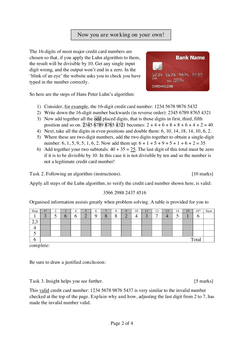 Luhn algorithm steps for checking card numbers; students apply them to 3566 2988 2437 4516 in a table and explain a fix