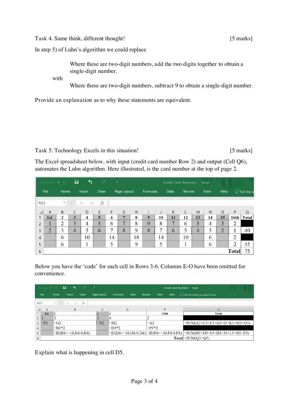 Luhn algorithm reasoning: students explain why subtracting 9 equals adding digits, then interpret Excel formula in cell D5