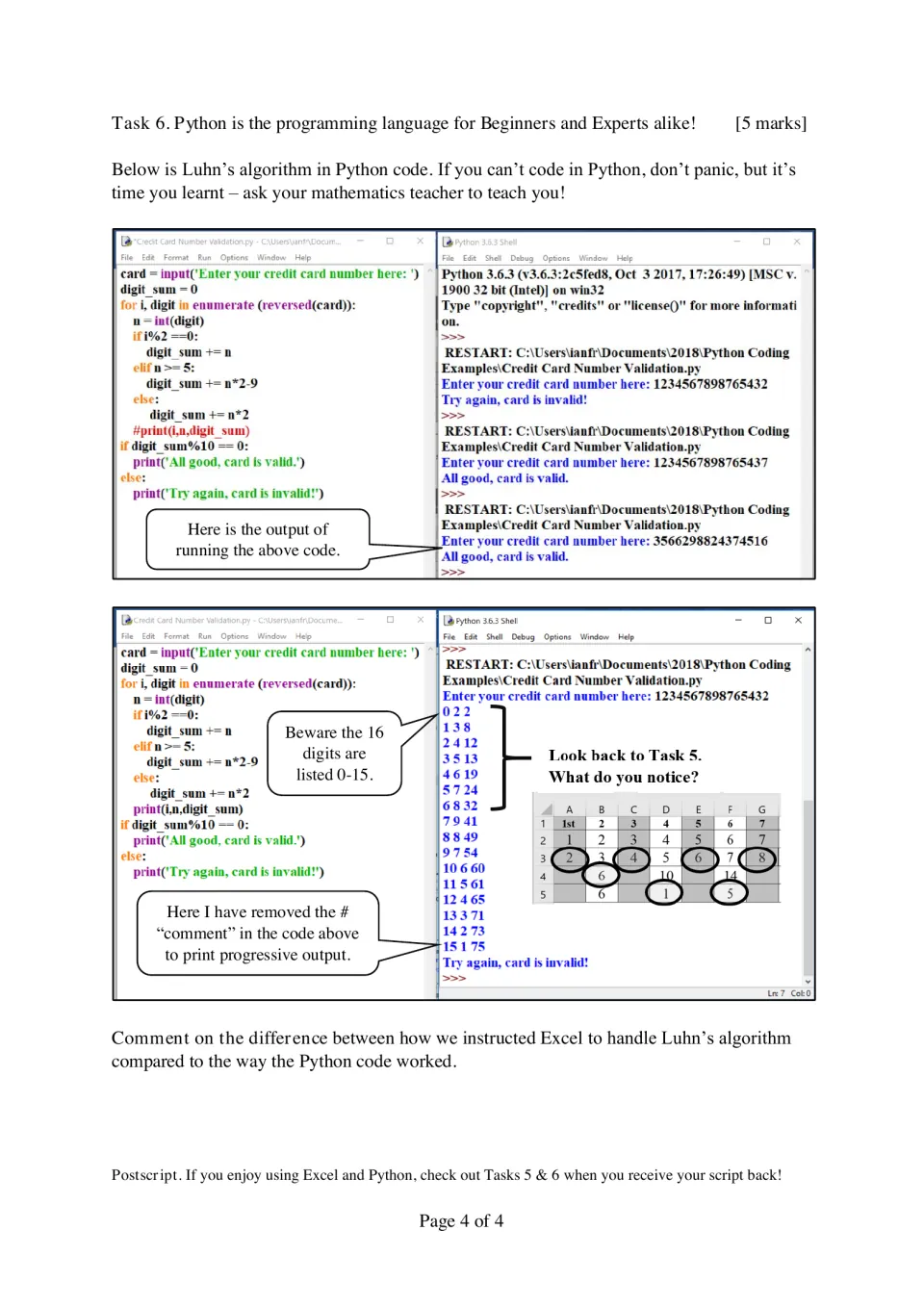 Luhn algorithm in Python: students read the code and its shell output, then compare how Excel and Python handle the steps