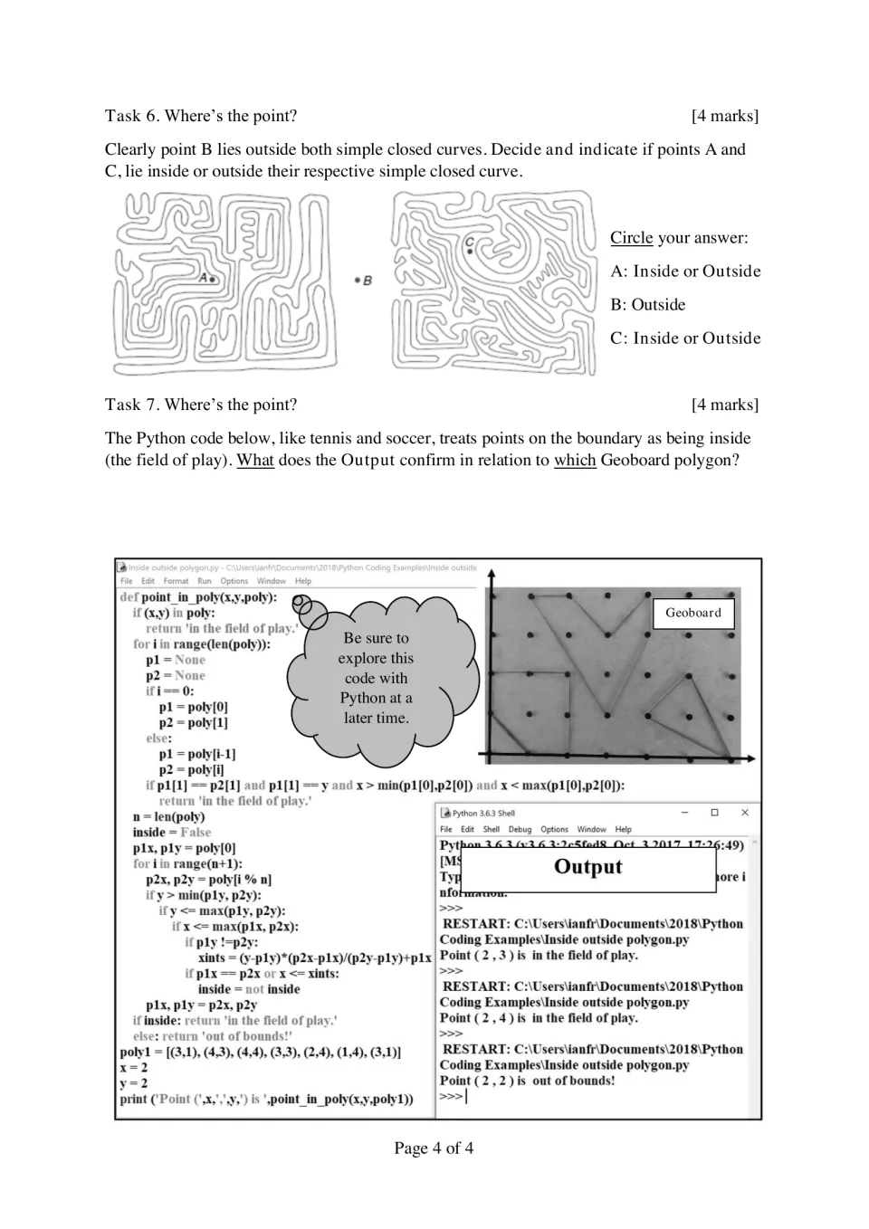 Inside or outside: students circle answers for points A and C in two mazes, then read Python output for a geoboard polygon