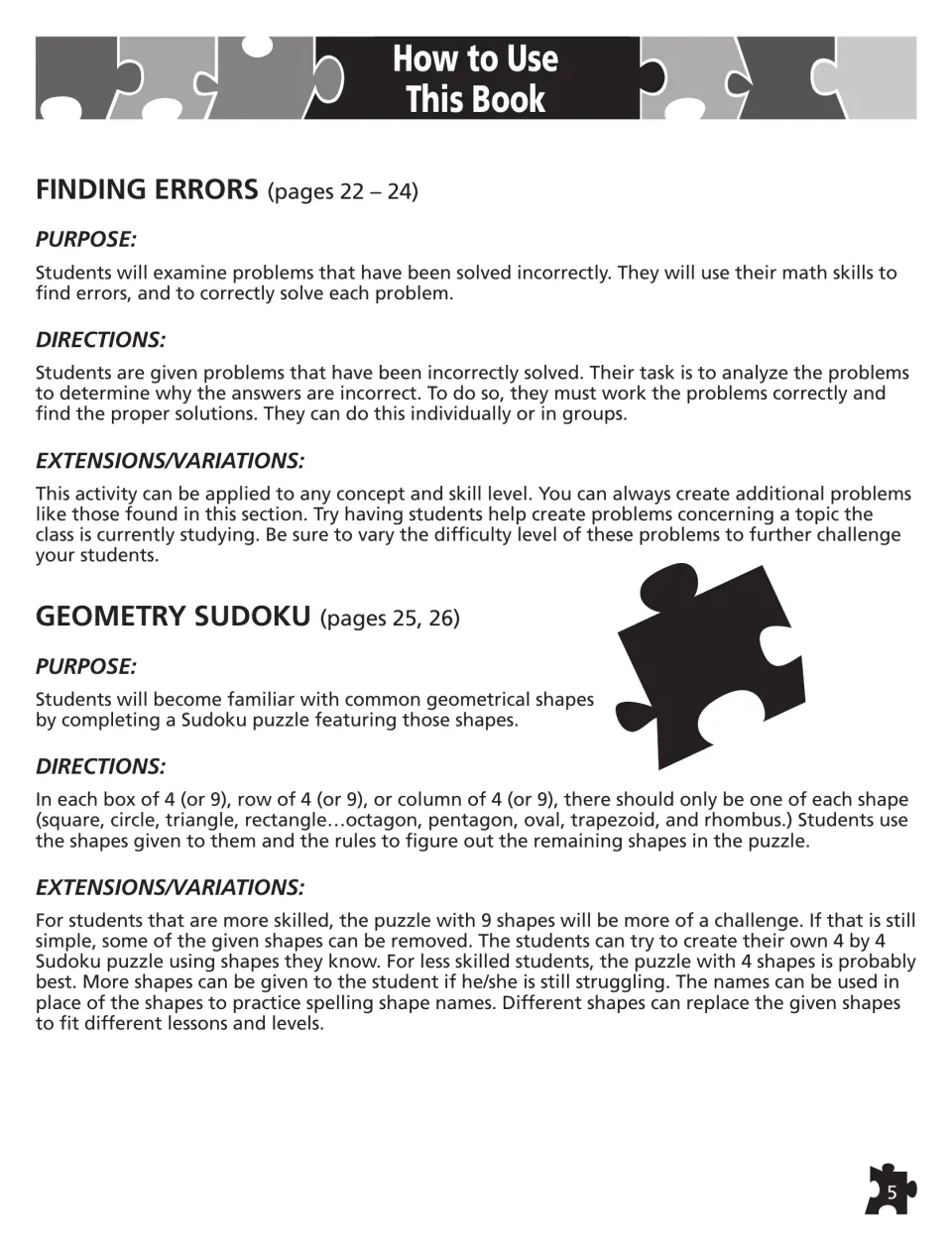 Teacher notes for Finding Errors and Geometry Sudoku: purpose, directions and extension ideas for each puzzle activity