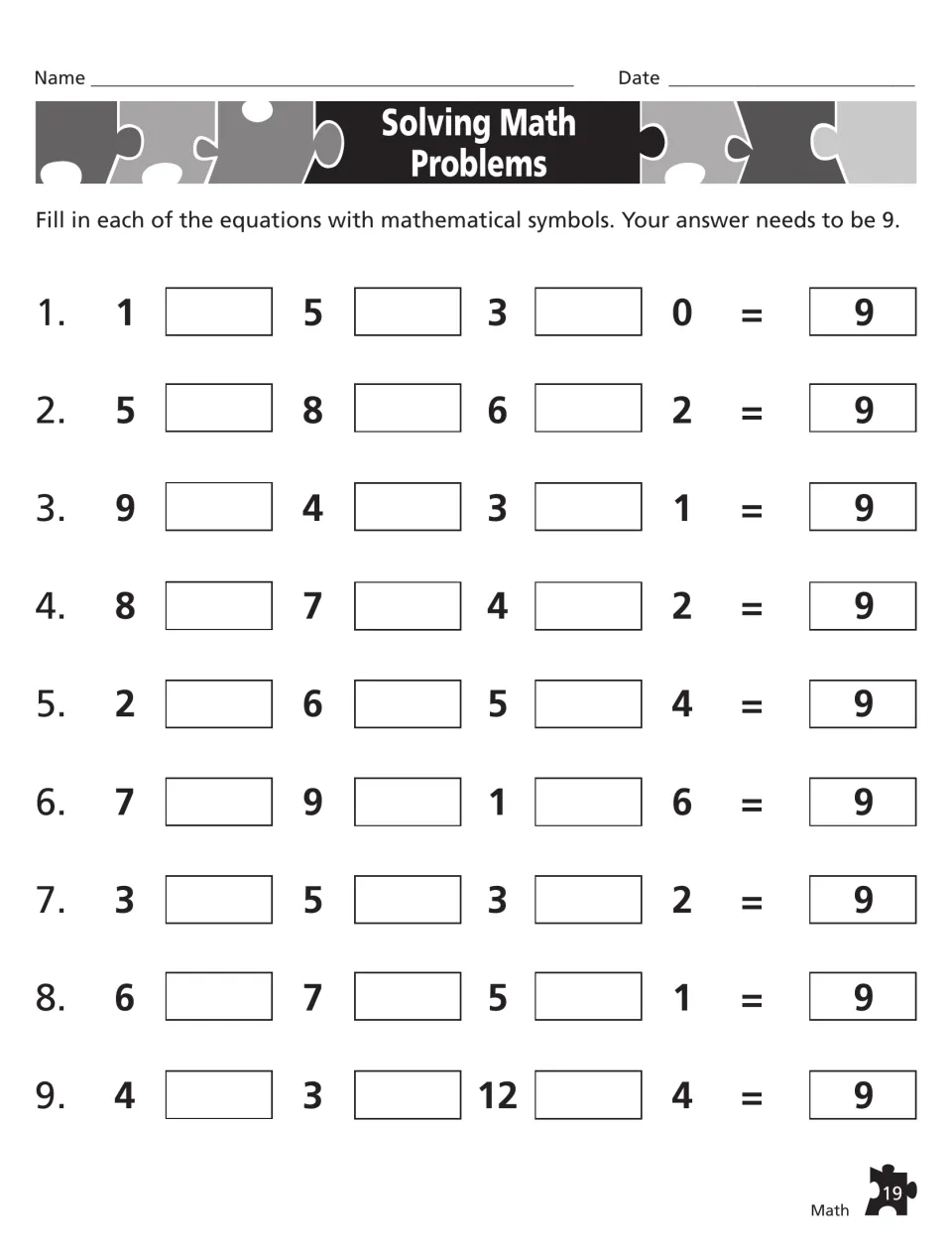 Solving Math Problems: students insert operation symbols between four numbers, like 1, 5, 3, 0, so each row equals 9
