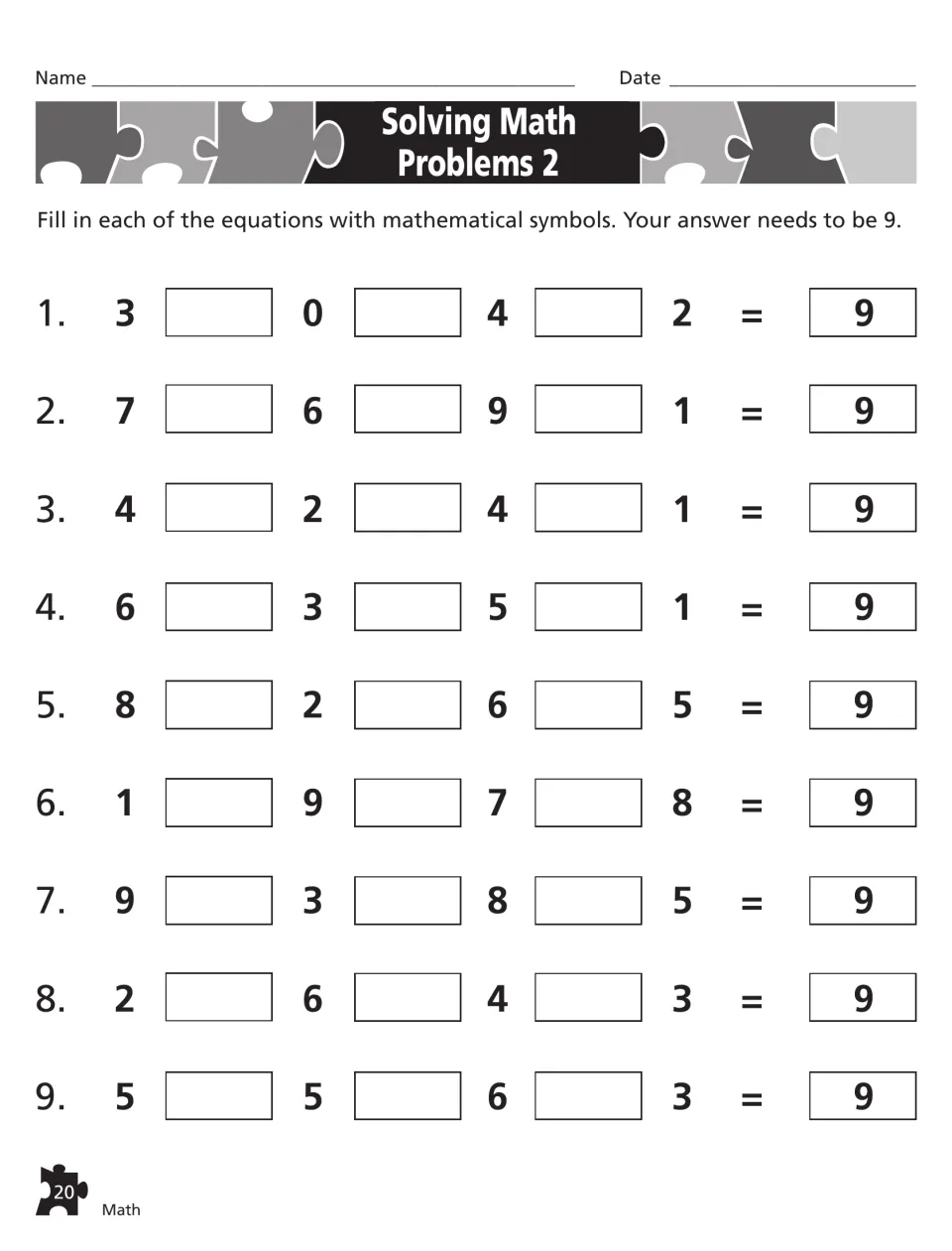 Solving Math Problems 2: students choose plus or minus signs to link numbers like 7, 6, 9, 1 so every equation totals 9