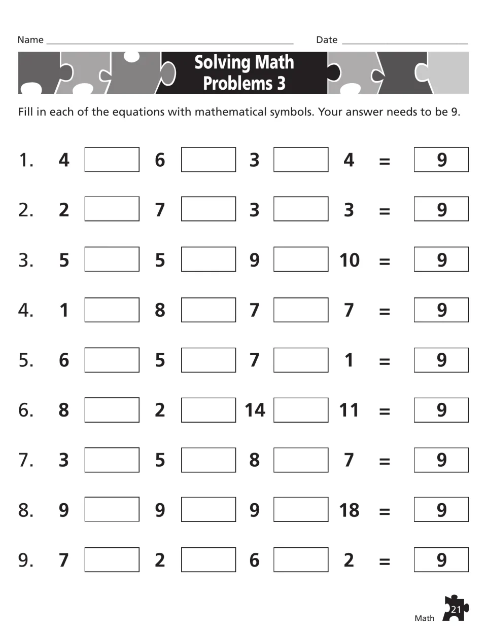 Solving Math Problems 3: students place operation signs among larger numbers such as 8, 2, 14, 11 to reach 9 in every row