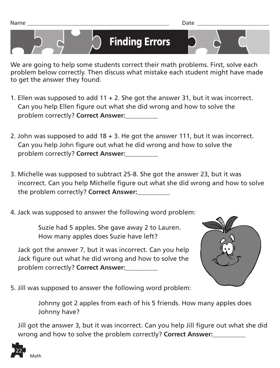 Finding Errors: students solve five addition, subtraction and apple word problems correctly and explain each mistake